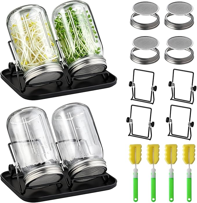 Sprouting Jar Kit 4 PCS 1000ml(35oz) Wide Mouth Mason Jars with 304 Stainless Steel Sprout Lids Drain Tray Stainless Steel Stand Cleaning Brush Sprouts Growing Kit for Bean, Broccoli, Alfalfa