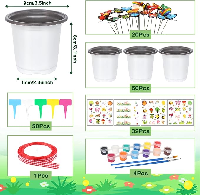 Garden Plastic Pot Craft Kit 50 Nursery Pots with 32 Stickers 50 Plant Labels 4 Painting Tools and 1 Ribbon for Flower Plant Spring Summer Graduation DIY Crafts Painting Gardening Growing Tools