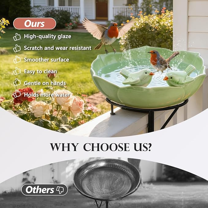 Ceramic Bird Bath for Outdoors, 10.1” Glazed Ceramic Bird Baths Bowls and Feeders for Outside, UV/Frost-Resistant Finish Ground Garden Table Top Bird Baths Decor for Patio Yard Home Green
