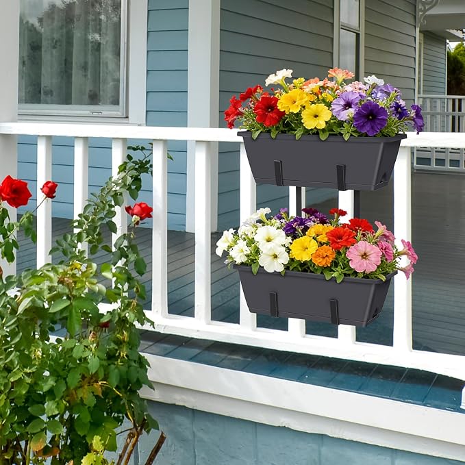 Railing Planter Box 2 Pack Rectangular Window Boxes Planters with Double Adjustable Brackets, Balcony Deck Railing Hanging Planters Herb Flower Pots for Indoor Outdoor Plants Garden Fence Rail