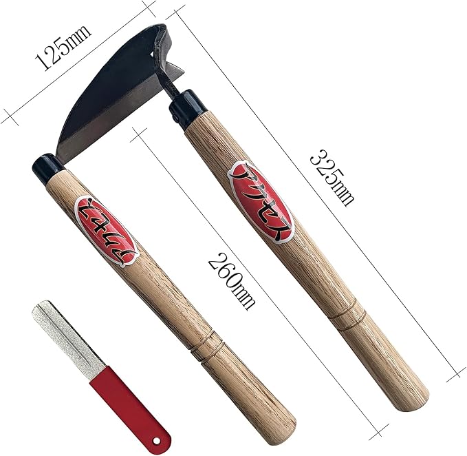 Japanese Garden Hand Hoe Sickle, Hand Weed Puller with Replacement Wooden Handle, Gardening Sickle for DIY Yard Work (Right-Handed)