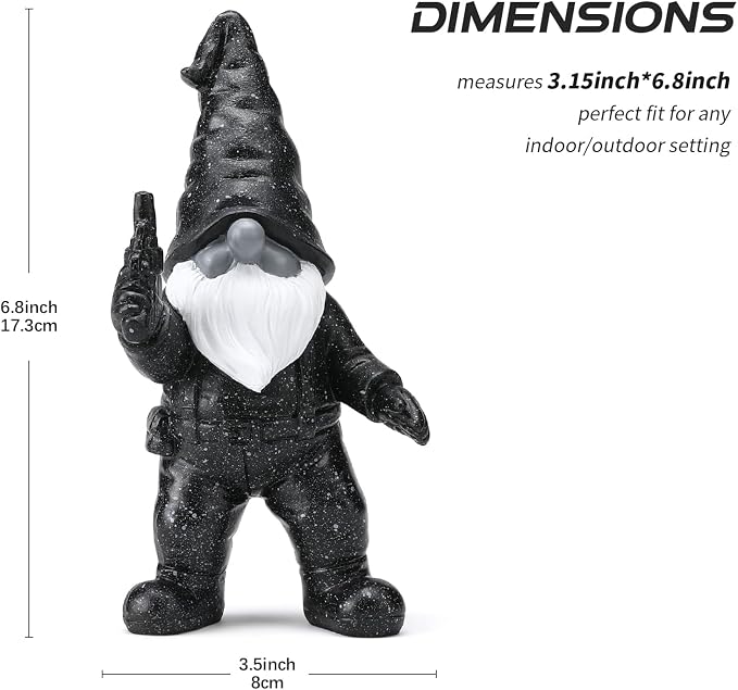 6.8" Funny Garden Gnome Statues with Gun Naughty Black Gnome Mini Gnome Figurine Patio Lawn Yard Decoration for Home Outdoor Christmas Birthday Gardening Gift