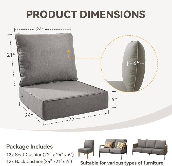 Outdoor Cushion Set for Furniture Patio Furniture, UV Resistant, Water Resistant - 6 Inch Thick Foam Garden Cushions – 22x24 Inch Patio Seat Covers for Chair/Sofa/Couch | Grey | 12-Pack |