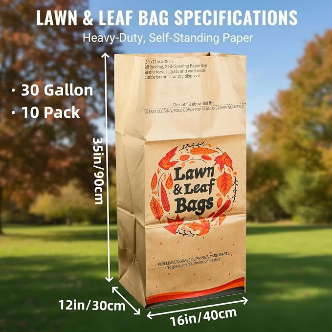 10 Pack 30 Gallon Lawn and Leaf Bags, 2-Ply Heavy Duty Yard Waste Bags, Brown Paper Lawn and Refuse Bags, Large Trash Bag for Home, Garden, Landfill, Tear Resistant and Self Standing