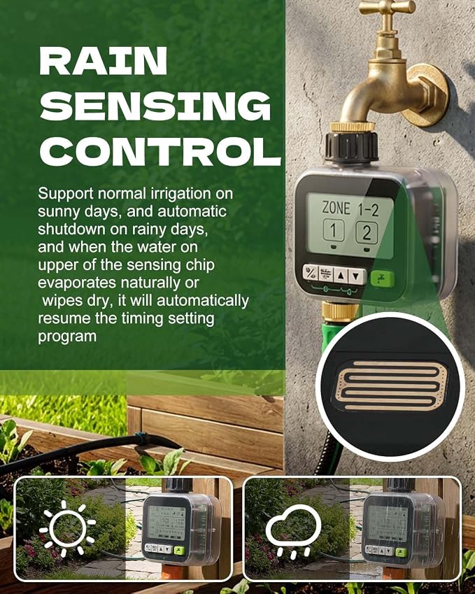 Sprinkler Timer with Brass Valves, Programmable Hose Timer for Garden & Lawn, Digital Watering System with Rain Delay & Manual Override, for Soaker Hoses, Drip Irrigation, Yard Care (Clear)