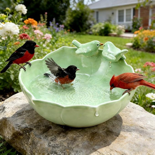 Ceramic Bird Bath for Outdoors, 10.1” Glazed Ceramic Bird Baths Bowls and Feeders for Outside, UV/Frost-Resistant Finish Ground Garden Table Top Bird Baths Decor for Patio Yard Home Green