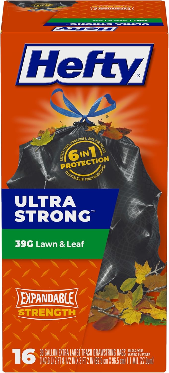 Hefty Ultra Strong Lawn & Leaf Trash Bags, Unscented, 39 Gallon, 16 Count