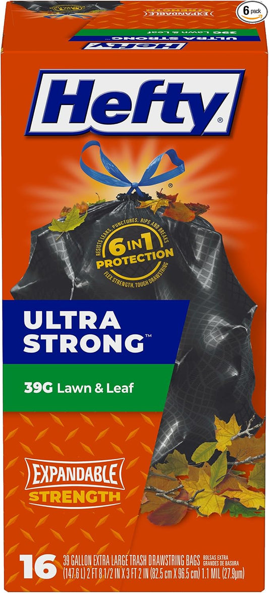 Hefty Ultra Strong Lawn & Leaf Trash Bags, Unscented, 39 Gallon, 16 Count| (Pack of 6)