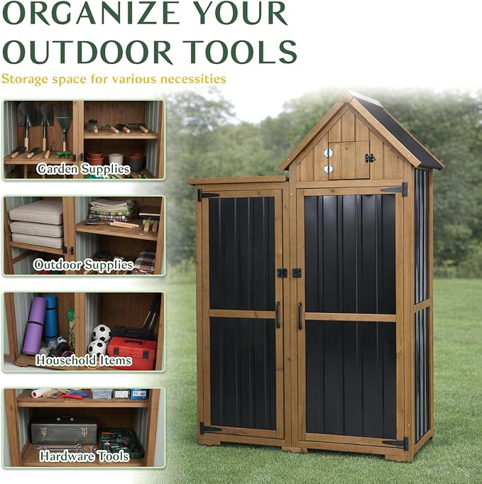 Outdoor Storage Cabinet Weatherproof with 3 Adjustable Shelves, 66'' H Wood & Metal Storage Shed with Lockable Doors & Waterproof Roof, Outside Garden Tool Sheds, Brown