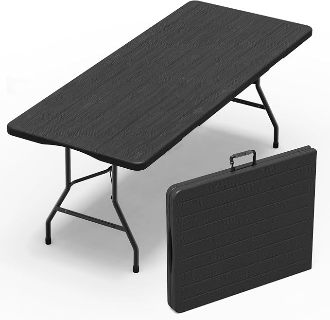 VSOAEIL Folding Table 6 Foot for Indoor Outdoor, Portable Heavy Duty Fold-in-Half Utility Plastic Foldable Dining Table with Carrying Handle for Picnic, Camping and Party, Matte Black