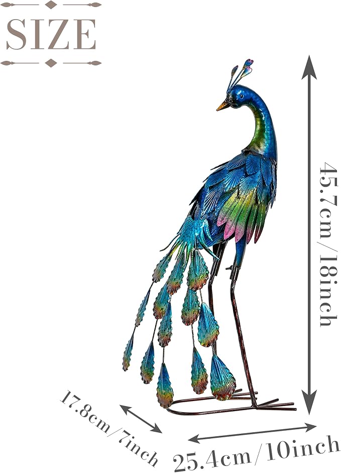 TERESA'S COLLECTIONS Garden Decor, Peacock Yard Decor, Elegant Peacock with Colorful Painting,18", Waterproof Metal Outdoor Statues, Garden Gifts, Birthday Gifts for Women Mom