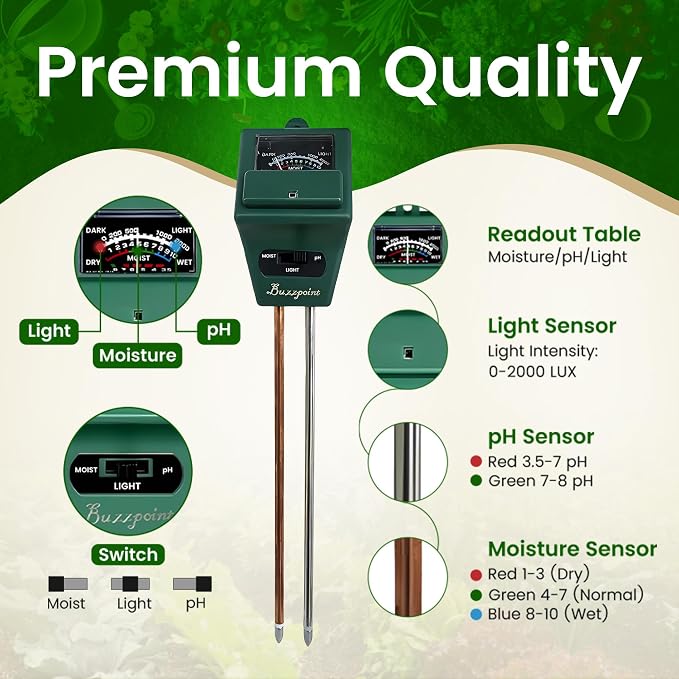 3-in-1 Soil Tester for Moisture, pH & Light – Battery-Free Analog Plant Care Meter with Stainless Steel Probe – for Indoor & Outdoor Gardening, Lawn & Garden Plants