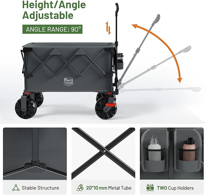 Timber Ridge Outdoor Collapsible Folding Wagon with Brakes and Cup Holders, 500lbs Heavy Duty All Terrain Wheels Utility Cart for Shopping Camping Garden Sports, Grey
