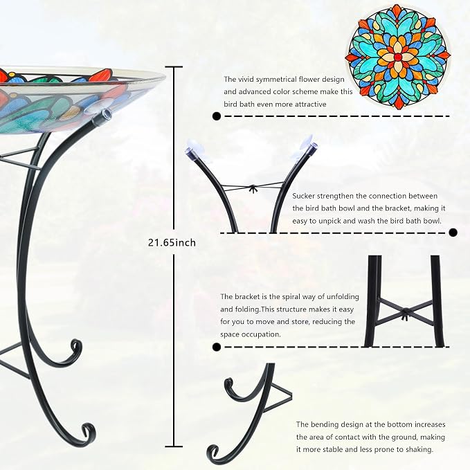 MUMTOP Bird Bath-Bird Baths for Outdoors - Glass Large Bird Bath Bowl with Metal Stand, Symmetrical Patterns Bird Feeders for Outside and Garden, Patio,Lawn Decor