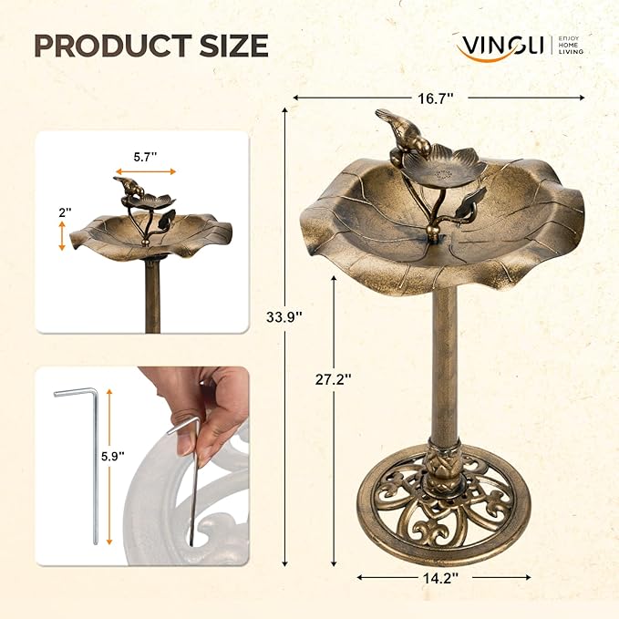 VINGLI Pedestal Bird Bath 28 Inch Antique Copper Resin Birdbaths Weather Resistant Floral Accents and Vintage Finish Garden Decor for Outdoor Lightweight Courtyard… (Copper-with Bird Feeder)