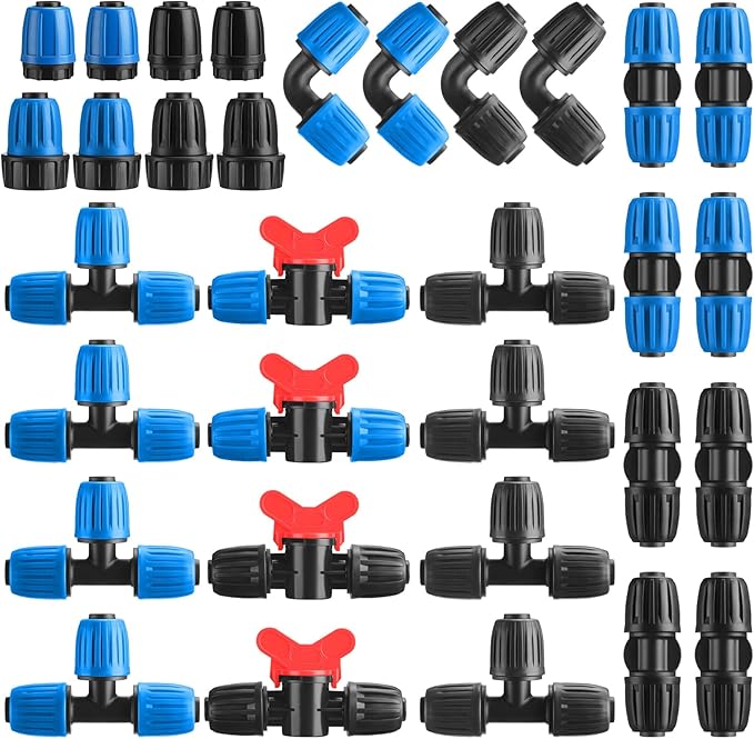 Pushglossy 32 Pcs 1/2" Tubing Irrigation Fittings Kit 1/2" ID x 0.6-0.63" OD 16 mm Drip Irrigation Barbed Connectors 4 Switch Valves, 8 Tees, 8 Couplings, 4 Elbows, 4 Ends, 4 Adapters (Blue, Black)