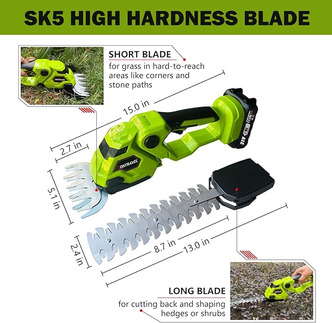 Cordless Hedge Trimmer & Grass Shears - 21V Electric Shrub Trimmer Grass Shears Handheld Grass Cutter, Hedge Shear with 2 PCS Rechargeable Battery, Charger and Toolbox to for Garden, Lawn (Green)
