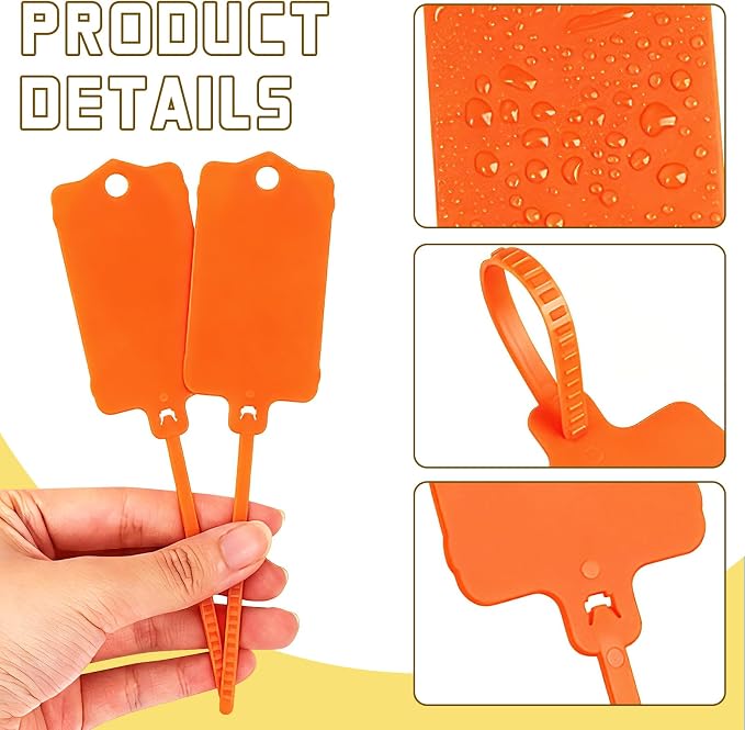 LeonBach 100 PCS Plastic Shipping Tags, 1.46" x 2.48", Waterproof Labels Writable Hanging Tag with Sealing Strap, Shipping Cable Tie Label Tags for Keys Luggage Logistic Retail Inventory(Orange)