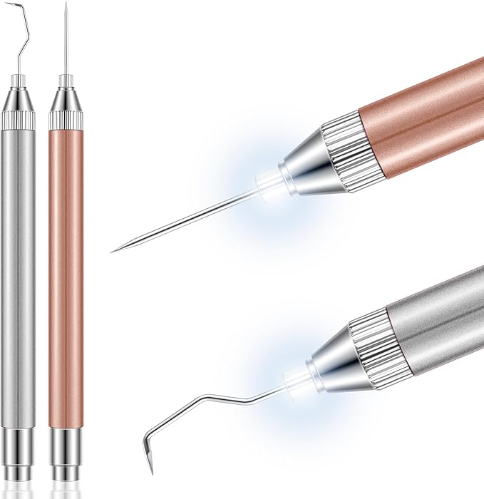 Therwen 2 Pcs LED Weeding Tools for Vinyl with Light Pin Hook Lighted Weeding Pen for Removing Iron on Tiny Vinyl Paper Silhouette Cutting Machines Supply(Rose Gold, Silver)