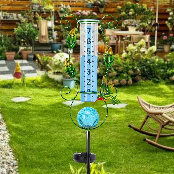 MUMTOP Rain Gauge Outdoor, 36 Inch Large Number Solar Lights Hummingbird Water Gauge for Lawn, Yard and Garden