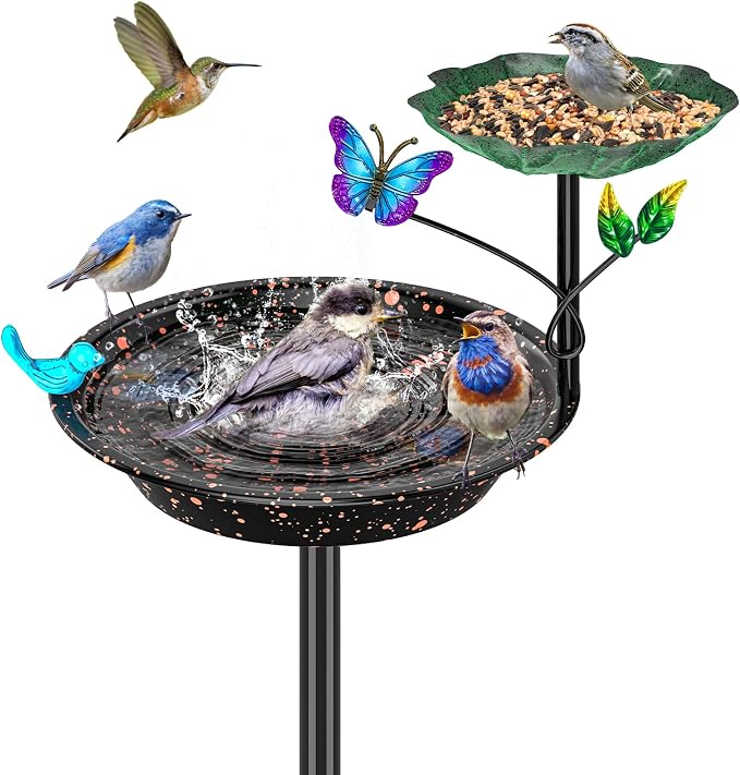 Metal Bird Bath for Outside Garden Birdbath Bowl, Freestanding Bird Feeders for Outdoors with 5 Prongs Base Stake, Standing Birdfeeders Birdbath Bowl for Yard Decor(Black-2-in-1-Butterfly)