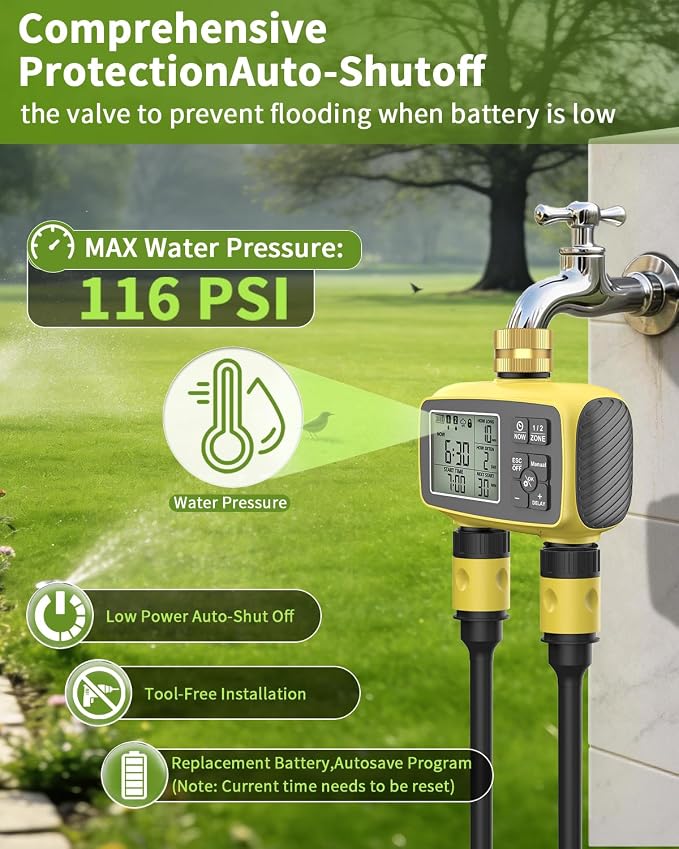 Hose Timer 2 Outlet, 2 Zone Programmable Sprinkler Timer with Rain Delay & Manual Mode, Heavy Duty Digital Timer for Garden Hose, Auto Irrigation Controller for Lawn, Yard & Drip Irrigation Outdoor