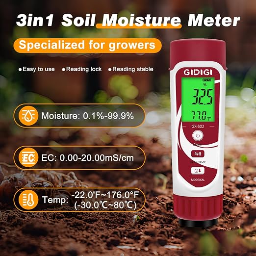 3 in 1 Digital Soil Moisture Meter, Cost-Effective Soil Test Kits and Soil EC Meter for Farms, Gardens, Orchards, Home Planting, Indoor Plants, Composting and Other Scenarios | digital