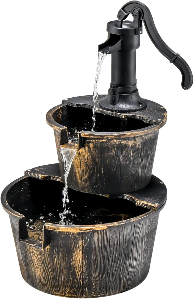 Tangkula 2-Tier Water Fountain Outdoor, Rustic Wood Cascading Waterfall Fountain with Electric Pump, Outside Water Feature with Decorative Hand for Garden Patio Backyard (Plastic)