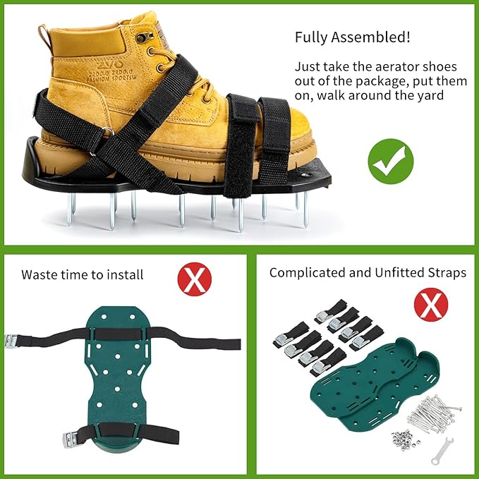 Lawn Aerator Shoes Pre-Assembled, Heavy Duty Lawn Spike Shoes with Adjustable Straps, Soil Aerating Tools for Yard Patio Garden, Includes Cleaning Shovel, Restores Lawn Health (Black)