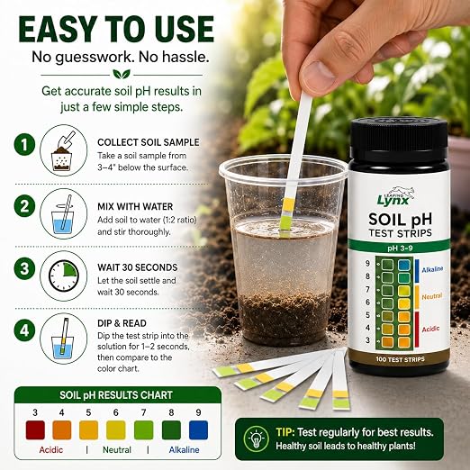 Soil pH Test Kit (3-9 Range) – 100 Test Strips for Garden, Lawn, Vegetable & Flower Beds | Quick & Easy Soil pH Monitoring for Indoor & Outdoor Plants | Leaping Lynx