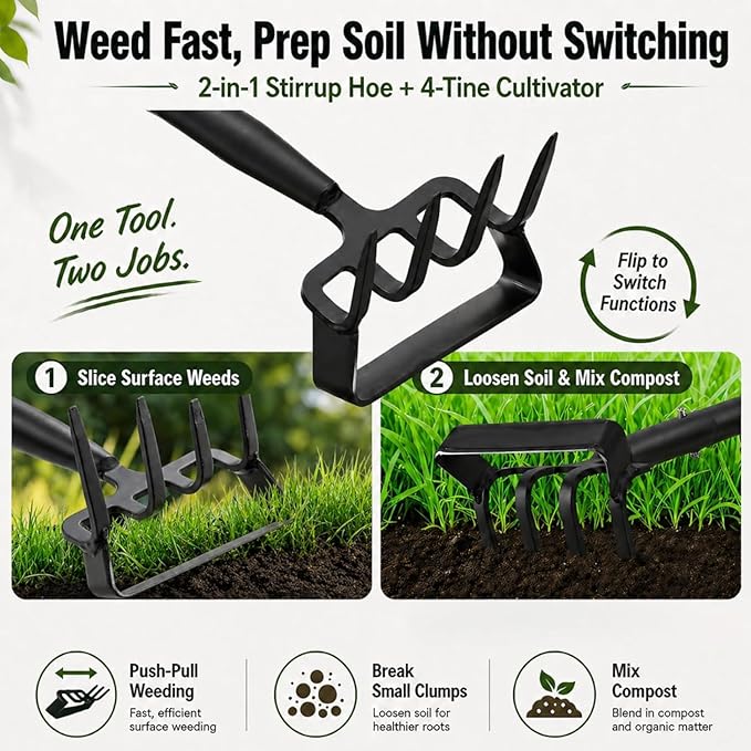 Garden Hoe, 2-in-1 Stirrup Action Hoe with 4-Tine Cultivator Rake, 74 Inch Long Handle Scuffle Weeder Hoe Weeding Tool for Fast Weeding, Soil Loosening, Aerating and Compost Mixing