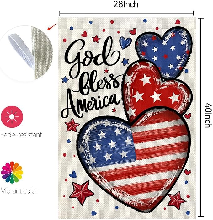 CROWNED BEAUTY 4th of July Patriotic Hearts House Flag Large 28x40 Inch Double Sided God Bless America for Independence Day Outside Yard Decor