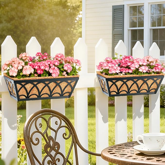 16 Inch Railing Planter Box Window Boxes Planters - 4 Pack Deck Railing Planter Boxes with Adjustable Brackets Coco Liners Balcony Planters Railing Hanging for Window Flower Boxes Outdoor Garden Decor