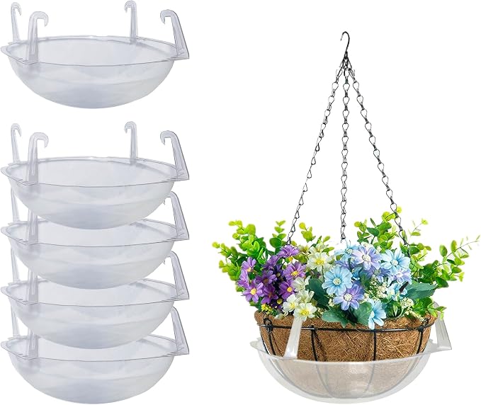 Curtis Wagner Plastics Wire Coco Hanging Basket Drip Pans (5-Pack) | Clear, Round (Top 12” - 14", Depth 3.75") Hanging Plant Tray Saucer with Built-in Hooks & Water Catcher for Indoor & Outdoor