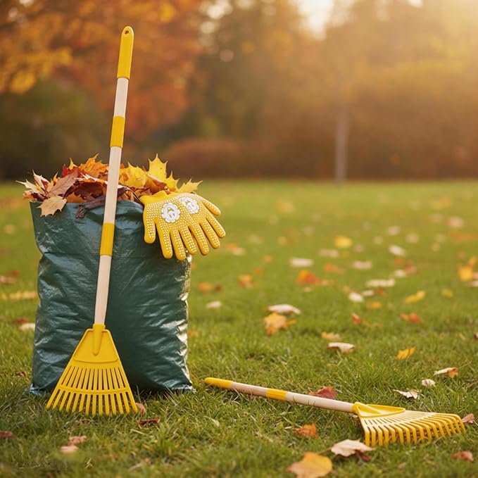 2 Pack Kids Adjustable Leaf Rake Set – 28" to 34" with Detachable Wooden Handles, Lightweight Plastic Head, Designed for Kids, Includes 2 Pairs of Gloves & Leaf Bag (Yellow)