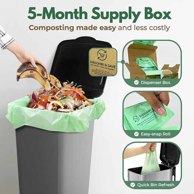 AIRNEX Compostable Kitchen Trash Bags 13 Gal - Cornstrarch Leakproof & Tear Resistant 50 Compost Bags - OK Compost Home & Seedling Certified 0.25 mm Kitchen Garbage Bags