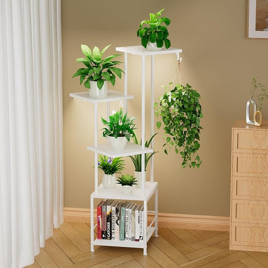 Homsorout Plant Stand Indoor with Grow Light - 5-Tier Metal Plant Shelf with Hanging Basket Hook, Corner Tall Flower Holder for Multiple Plants, Living Room Balcony Garden Patio, White