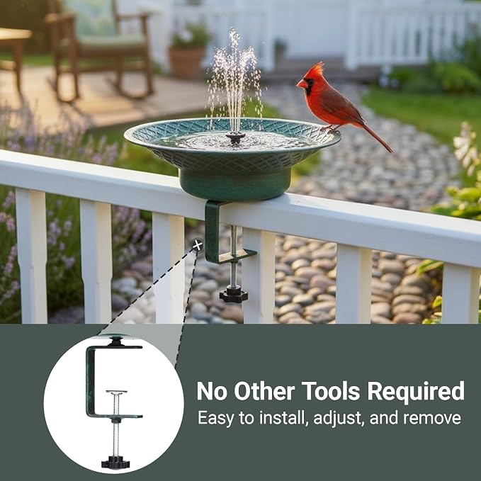 Deck Mounted Bird Bath for Outside, 12.6" Metal Solar Bird Bath with Fountain, Adjustable Railing Clamp for Balcony & Patio, Outdoor Birdbath for Garden Yard Decor