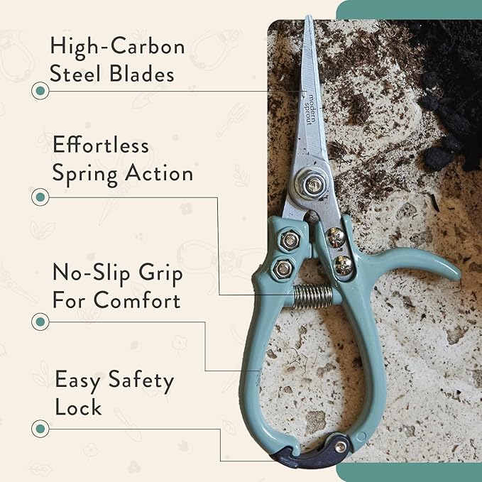 Modern Sprout Pruning Shears - Herb Snipping Scissors- Lightweight Gardening Tools W/Easy Lock - Flower Cutter Garden Shears - Gift for Father's Day - Carbon Steel Blade+Reusable Holster(Ocean,1-Pack)
