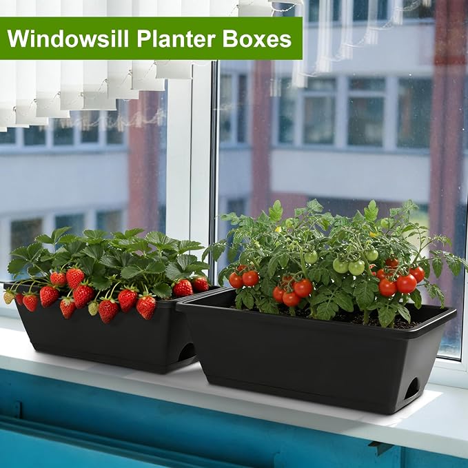 6 Pack Deck Railing Planter Boxes Black Window Boxes Planter Boxes with Adjustable Brackets, Outdoor Garden Fence Planters with Drainage Holes for Flowers, Herbs, Strawberry