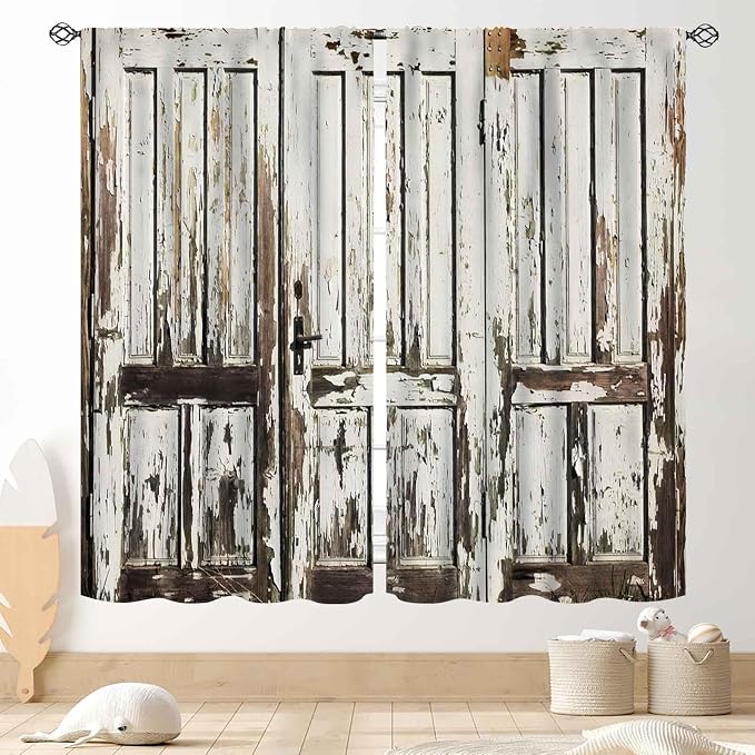 Rustic Wooden Curtains, Farmhouse Old Barn Door Country Cottage Western Barnwood Garage Printed Blackout Window Drapery Treatments for Kitchen Living Room Bedroom 2 Panels Set, 42"x54" Inch