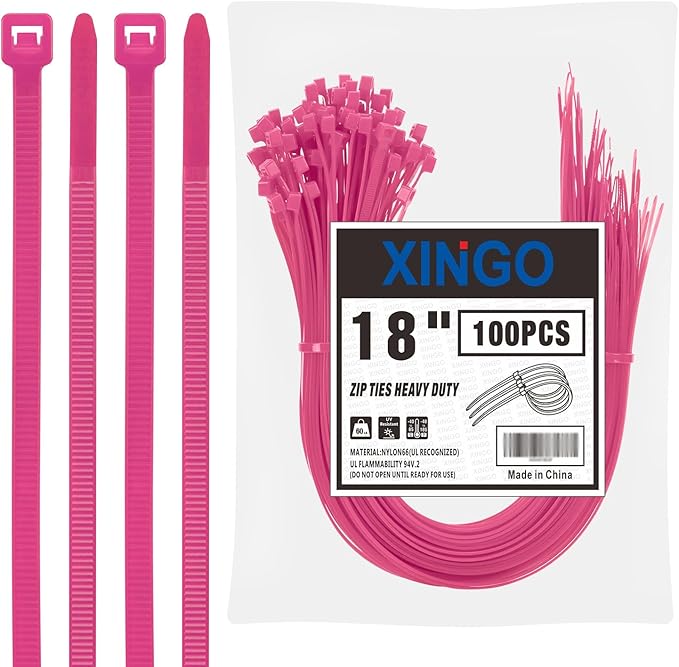 XINGO 18 inch Pink Zip Ties Heavy Duty (100 Pack), 60lb Tensile Strength, UV Resistant Cable Ties for indoor and outdoor use