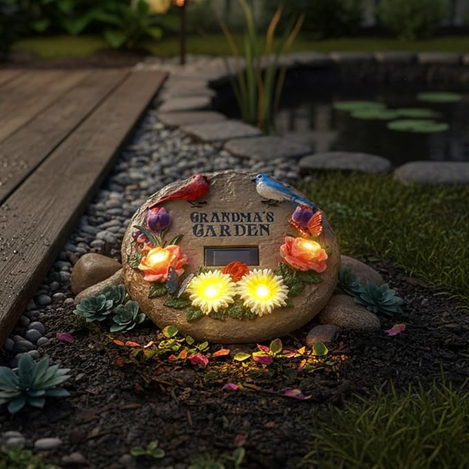 Stepping Stones Outdoor for Grandma's Garden with Solar Lights and Cardinal Robin Birds Flowers, Garden Stepping Stones Grandma Gifts for Mothers Day for Walkway, Yard, Patio Decor