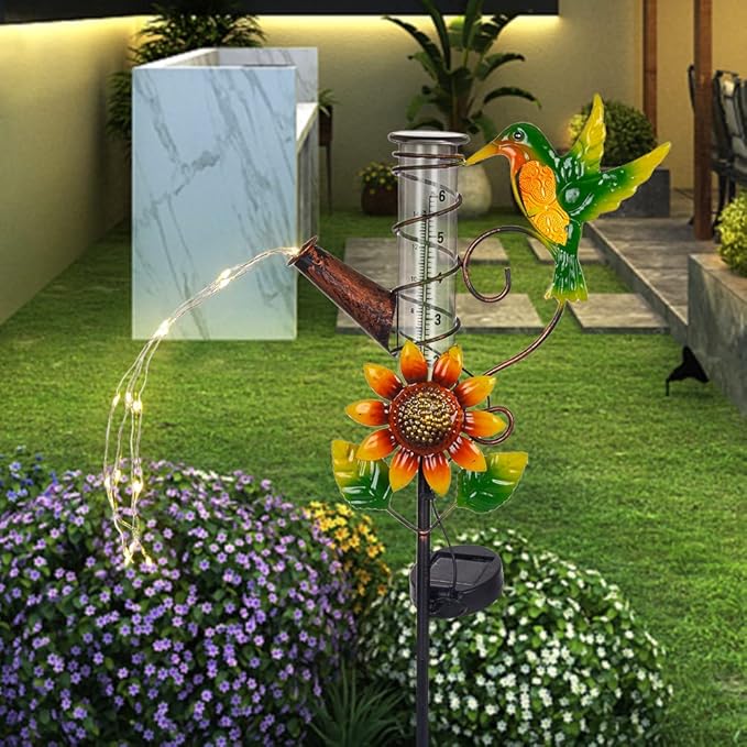 Rain Gauge Outdoor, Solar Hummingbird Rain Gauges, Rust-Proof Fallrain Gauge for Yard, Lawn Pathway, Passage, Patio
