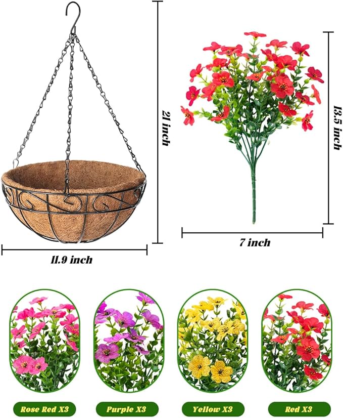TDHDIKE Artificial Faux Fake Hanging Flowers Plants Basket for Summer Outdoor Outside Decoration UV Resistant Fake Silk Colorful Daisy Eucalyptus for Porch Patio Balcony Yard Garden Home