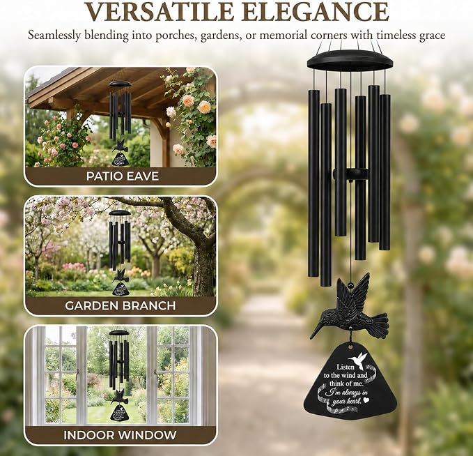 36" Memorial Wind Chimes for Outside, Sympathy Gift for Loss of Loved One, Hummingbird Wind Chime for Mom Dad, Bereavement Remembrance Funeral Condolence Gift（Black）