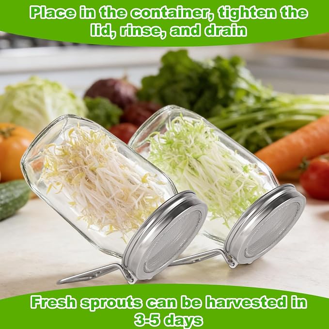 2pcs Sprouting Lids for Wide Mouth Mason Jars, Reusable Stainless Steel Sprout Growing Lid with Stand & Fine Mesh for Organic Alfalfa Broccoli Mung Bean Germination