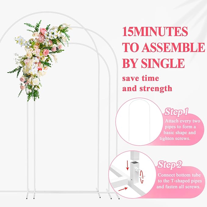 Wokceer White Metal Wedding Arch Stand Set of 3 Sizes 8FT, 7.2FT, 6.6FT for Wedding Ceremony, Baby Shower, Birthday Party, Garden Decoration