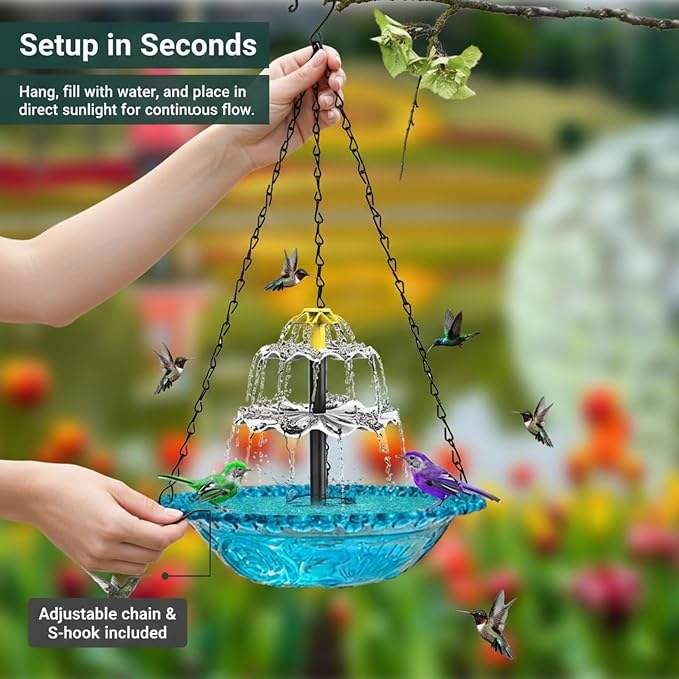 Hanging Solar Bird Bath Fountain EOHMAK Solar Powered Cascading Outdoor Water Fountain, Hanging Bird Bath with Water for Outdoors Garden Patio Backyard Lawn Decor (Blue)