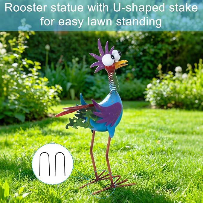 Metal Wacky Rooste Garden Statue, 17‘’ Rooster Decor Yard Statue Decorations Outdoor, Chicken Yard Art for Outside, Patio, Backyard, Lawn (Blue & Purple)